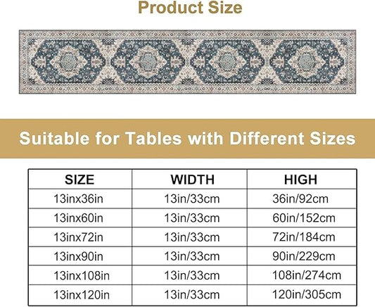 Boho Bohemia Style Table Runner, Vintage Blue Retro Flower Rustic Country Style Floral Print Pattern for Home Kitchen Table Decor Dining Coffee Room Garden Party Decor 13x108in