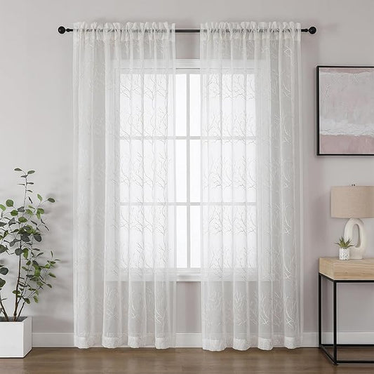 VISIONTEX Sheer Curtains 95 inch Length 2 Panels Set, Decorative Beige Coral Embroidery, Rod Pocket Embroidered Window Drapes for Living Room and Bedroom, 54" x 95"