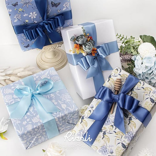 Ribbli Dusty Blue Satin Ribbon 1-1/2 Inch x 4 Rolls Total 40 Yards- Light Blue/Dusty Blue/Smoke Blue/Light Navy Ribbon for Gift Wrapping Craft Wedding Decoration