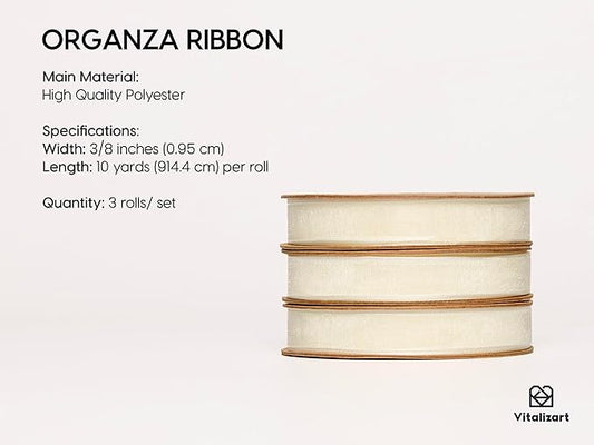 Vitalizart 3/8" x 30Yd Organza Ribbon Cream White Sheer Ribbons Set 10 Yd x 3 Rolls Ivory Handmade Eco-Friendly for Gift Wrapping Christmas Tree Crafts Bows Wedding Invitations Wreaths