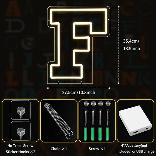Light Up Letters F, Led Marquee Letter Lights Neon Sign, 13.9" Height Decorative Lighted Alphabet Number, Battery/USB Powered Led Letters Lights for Wedding, Birthday, Party, Christmas or Home Decor