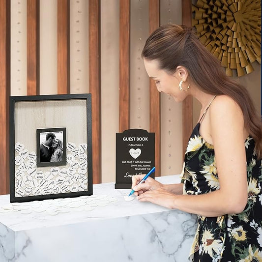 Wedding Guest Book Alternative, Registry Item,12x16 Picture Frame, 70 Pcs Welcome Sign, Gift, White Hearts, Baby Shower Registry, Anniversary, Funeral, Memories (Black)