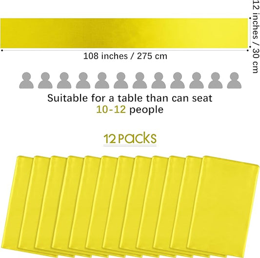 Aneco 12 Pack Satin Table Runner 12 x 108 Inch Yellow Long Wedding Satin Silk Table Runner for Wedding Banquet Graduations Birthday Party Decoration