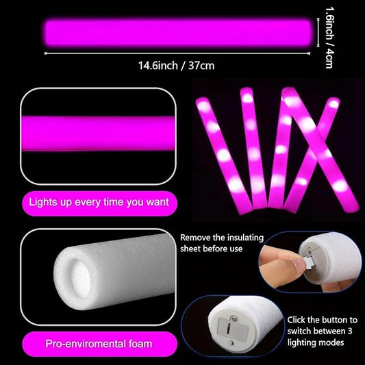 Glow Foam Sticks Bulk, 24 Pcs Pink Giant LED Light Up Sticks 3 Modes Flashing Glowing Baton Wands Party Supplies for Wedding, Raves,Concert,Birthday,Christmas, Halloween,Sporting Events