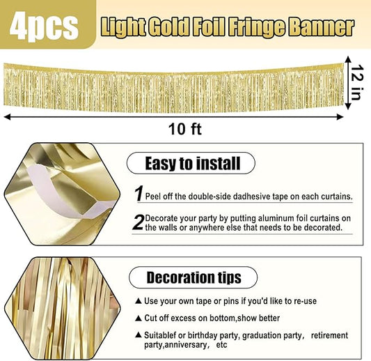 4 Pack 10 Feet Light Gold Foil Fringe Garland Metallic Tinsel Streamers Banner Wall Hanging Curtain Backdrop for Parade Floats, Wedding, Graduate, Mother's Day, Birthday Party Decoration