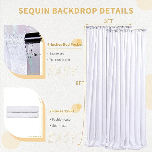 3x8FT White Backdrop Curtains 2 Panels Sequin Fabric Drapes Wedding White Curtain Backdrop Background for Birthday Party