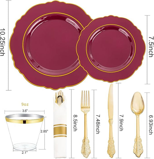 Liacere 350PCS Red Plastic Plates-Disposable Burgundy Red and Gold Plates 50guest Baroque Plastic Dinnerware include 100Plates, 50Pack Pre Rolled Napkins with Silverware 50Cups for Girlfriends' Day