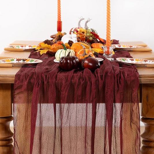 Burgundy Red Cheesecloth Table Runner 4 Pack Fall Table Runners Boho Gauze 120 Inches Red Cheese Cloth Fall Table Decorations for Thanksgiving Christmas Weddings Bridal Shower Candlelight