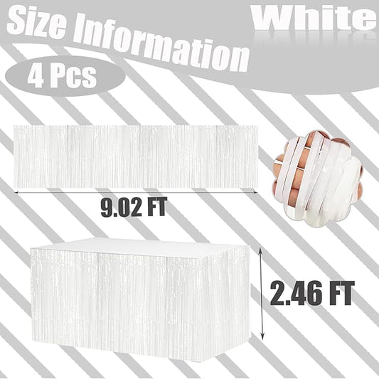4 Pack 29x108 Inch Metallic Foil Fringe Tinsel Table Skirts for Rectangle Tables Streamer Curtains Backdrop for Wedding, Birthday, Parade Floats, Christmas, Halloween Party Decoration(White)
