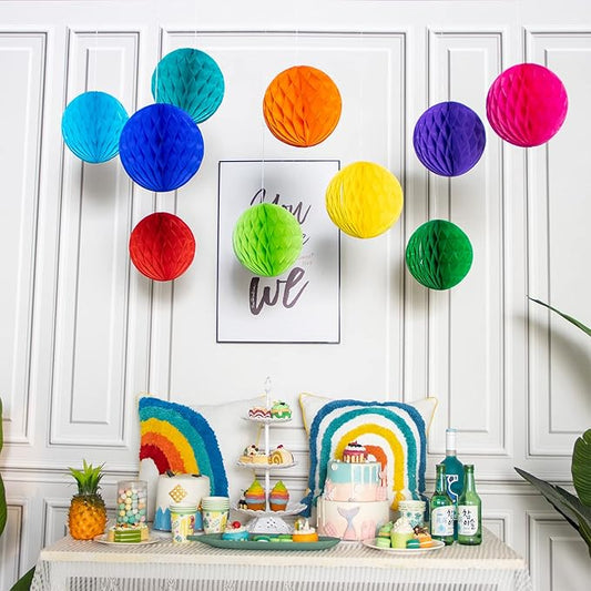 Colorful Rainbow Hanging Tissue Paper Honeycomb Balls Pride Party Decorations Pom Poms for Rainbow Sunshine Cloud Sun Themed Birthday Baby Shower Gender Reveal Wedding Party Décor
