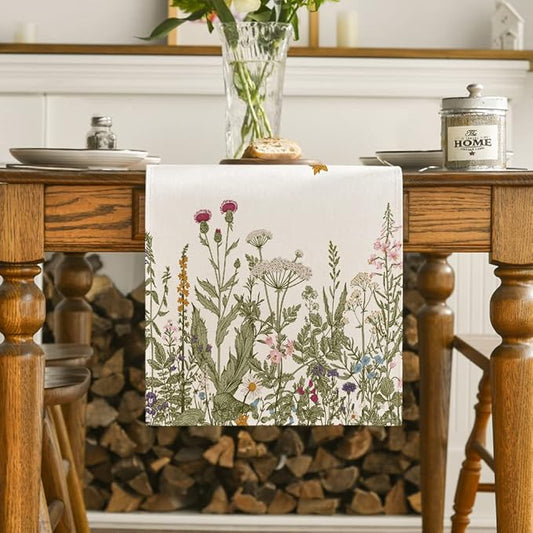Artoid Mode Antique Herbs and Wild Flowers Summer Table Runner, Spring Fall Kitchen Dining Table Decoration for Home Party 13x120 Inch