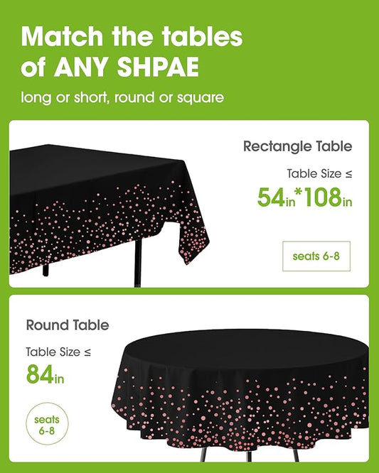 Pureegg Plastic Table Cloth Disposable 10 Pack, 54 x 108 Inch Table Cloths, Graduation Decorations of 2025, Graduation Tablecloths, Rectangle, Plastic Cover, Leakproof & Sturdy, Black and Rose Gold