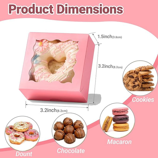 RomanticBaking 3 ¼" x 3 ¼" x 1 ½" 100PCS Chocolate Truffle Boxes for 4,Cookies Boxes Soap Boxes Donut Boxes Macaron Boxes Mini Bakery Boxes with Window Brownie Box