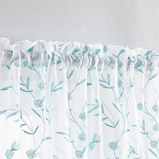 Sheer Curtains White-Blue Embroidery 63 Inch Length Rod Pocket Voile Drapes for Living room, Bedroom, Window Treatments Semi Flower Pattern Curtain Panels for Yard, Farmhouse, Set of 2, 52"x 63".
