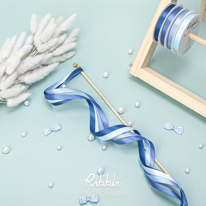 Ribbli Dusty Blue Satin Ribbon 3/8 Inch x 4 Rolls Total 40 Yards- Light Blue/Dusty Blue/Smoke Blue/Light Navy Ribbon for Wrapping and Craft