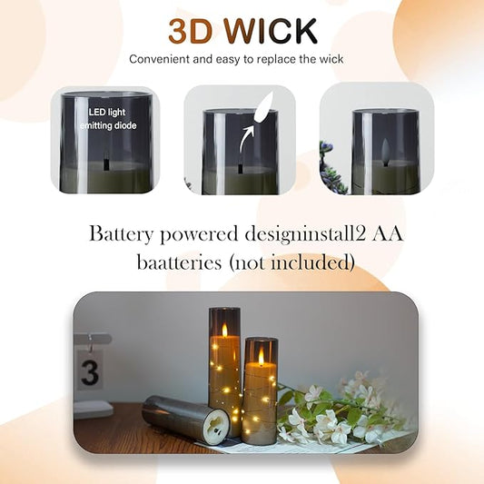 Flameless LED Candles with Timer 9 Pc Flickering Flameless Candles for Romantic Ambiance and Home Decoration Stable Acrylic Shell,with Embedded Star String,Battery Operated Candles(Grey)