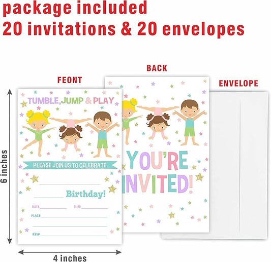 Gymnastics Birthday Party Invitation, Tumble Jump & Play Invite Cards(20 Count) With Envelopes, Fill In Style Invite Cards For Boys, Girls, Kids, Birthday Party Supplies-A46