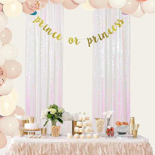 ShinyBeauty Sequin Backdrop 2FTx8FT Iridescent White 2 Pieces White Sequin Back Drop Glitter Background Sparkly Backdrop for Photograph Decorations