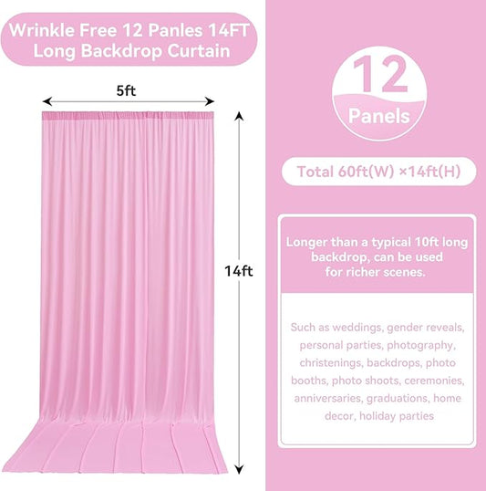 60ftx14FT Wrinkle Free Pink Backdrop Curtain, 12 Panels 14FT Height Pink Wedding Backdrop Drapes, Silky Polyester Back Drop Cloth for Birthday Photography Background Party Backdrop Draping