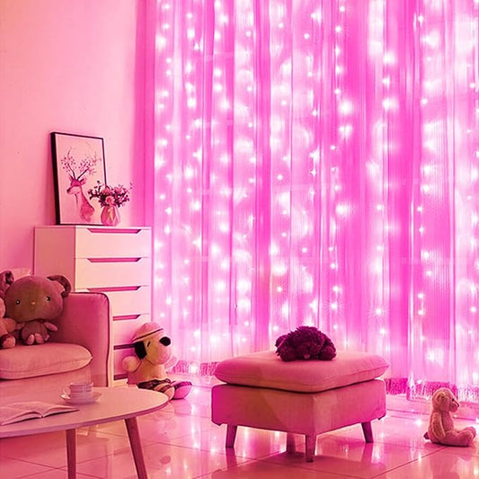 Brightown 300 LED Curtain Lights for Bedroom 9.8 FT Hanging Window Lights with Remote, Connectable, 8 Modes, Waterproof Fairy Lights for Outdoor Indoor Valentine's Day Christmas Holiday Party, Pink