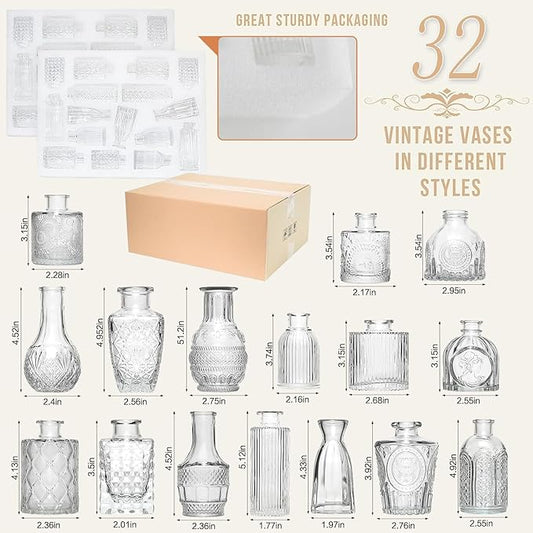 Mini Bud Vases Set of 32 As Wedding Centerpieces for Tables,Clear Bud Vases for Flowers,Small Flower Vases Suitable for Birthday Party,Anniversary,Wedding Reception,Baby Shower (Clear, 32PCS)