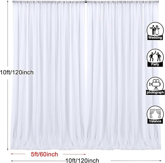 PARTISKY 10x10ft White Chiffon Sheer Backdrop Curtains (2 Panels 5x10ft Each) -Wrinkle-Free Drapes for Wedding, Birthday Party & Photography Stage Decor