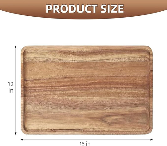 2pcs 15"x10" Large Solid Acacia Wood Serving Trays Rectangular Wooden Serving Platters Natural Wooden Boards for Bar Coffee Party(Wood Log Color)