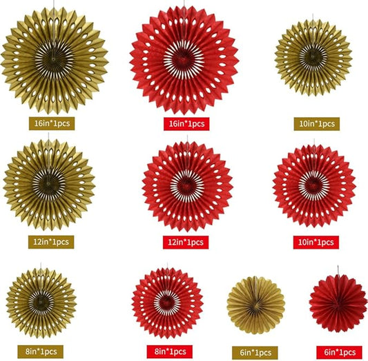 BEISHIDA Red Gold Hanging Honeycomb Round Paper Fans Decoration Wedding Theme Tissue Paper Fan Garland for Birthday Anniversary Bachelorette Graduation Party Christmas New Years Supplies(10packs)