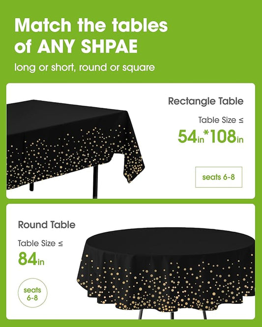 Pureegg Plastic Table Cloth Disposable 10 Pack, 54 x 108 Inch Table Cloths, Graduation Decorations Class of 2025, Graduation Tablecloths, Rectangle, Plastic Cover, Leakproof & Sturdy, Black and Gold