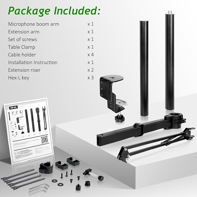 Mic Boom Arm, Adjustable Height Overhead Microphone Stand with Heightened Extension Riser for Shure SM7B Blue Yeti HyperX QuadCast S and other Mic