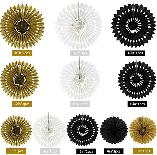 BEISHIDA Black Gold White Hanging Honeycomb Round Paper Fans Decoration Set for New Year Baby Shower Birthday Wedding Bachelorette Photo Booth Backdrops Anniversary Paper Party Supplies(11packs)