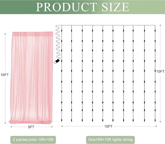 Tulle Backdrop Curtain with Lights String 10FT X 10FT Peach Sheer Tulle Backdrop Curtains for Wedding Birthday Party Reception Photo Booth Background Decorations (2 Panels 5x10FT)