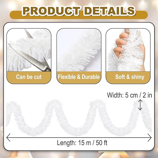 50 Feet Christmas Foil Fringe Banner Metallic Tassle Garland Metallic Backdrop Parade Floats Shiny Hanging Ceiling, Valentine's, Wedding, New Year Party Decorations(2" x 50', Macaron White)