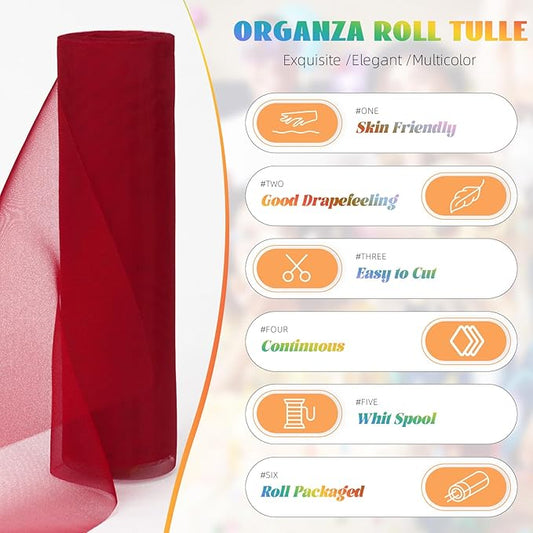 Crystal Organza Fabric Tulle 11 Inch by 50 Yards Sheer Tulle Rolls for DIY Craft Wedding Party Baby Shower Decor Gift Wrapping Party Supplies (Wine)