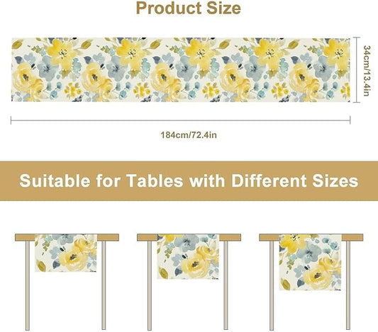 Watercolor Floral Table Runner, Seasonal Summer Yellow Flower Print Kitchen Dinning Table Runner for Indoor Outdoor Home Wedding Party Holiday, 13x120 Inch