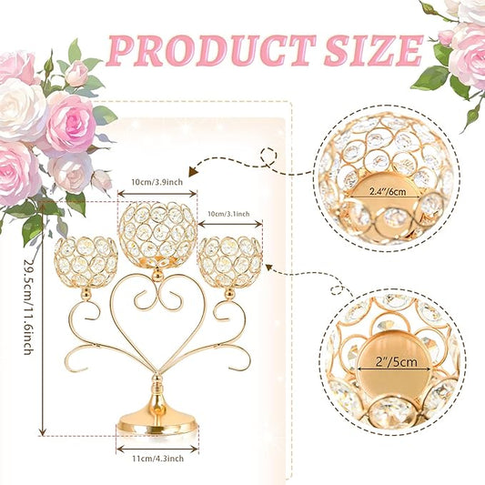 2 Pcs 3-Arm Heart Tea Light Candle Holder - Crystal & Metal Wedding Centerpiece Decor, Sparkling Table Decor for Anniversaries/Romantic Tabletop Home/Dinner Party/Events (2, Gold)