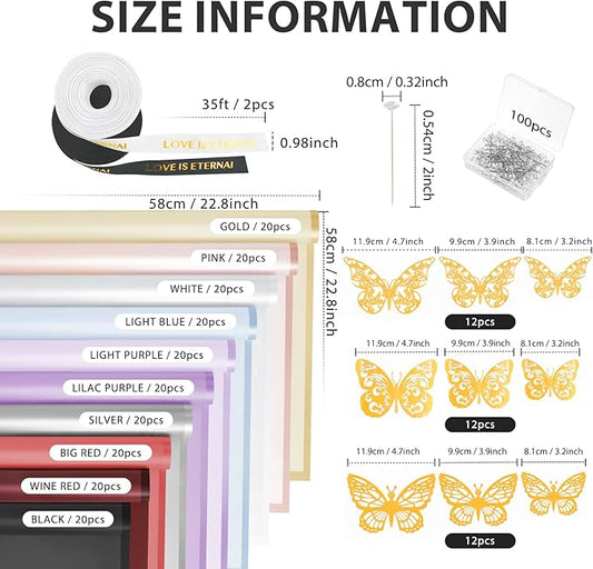 NESCCI 200 Sheets Flower Wrapping Paper - Waterproof Florist Bouquet Paper,70Ft Satin Ribbon, 36 Pcs 3D Butterflies 100 PCS Flower Pins for Wedding Birthday Gift DIY(Translucent Multicolored)
