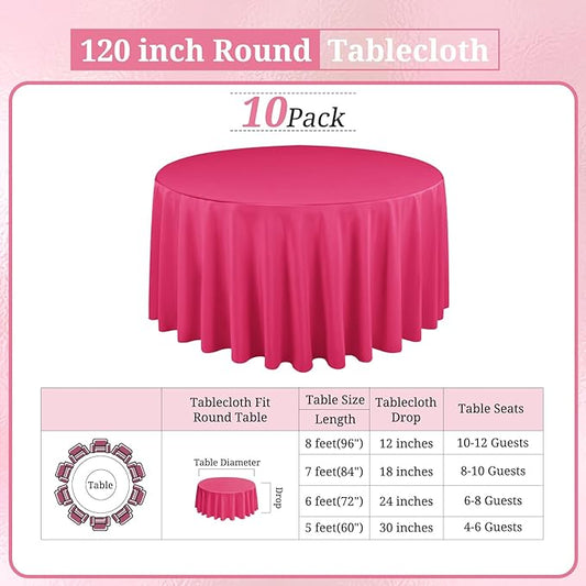 10 Pack Hot Pink Round Tablecloths 120 Inch, Circle Bulk Washable Linen Polyester Tablecloth, Table Cloth Cover for Wedding Buffet Party Banquet Reception Restaurant and Camping