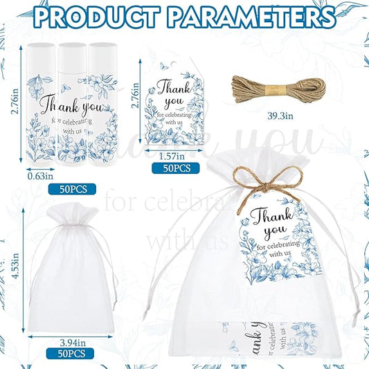 50 PCS Blue Flower Bridal Baby Shower Lip Balm Gift Baby Shower Favor Party Wedding and Engagement Party Bulk Lip Balm Thank You Gifts with Card Tags for Guests (blue flower)