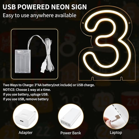 Number 3 LED Neon Sign Backdrop Birthday Party Decoration, 11.3" Height Warm White Marquee Numbers Three Light Up Sign for Wedding Anniversary Window Wall Table, Indoor Battery Operated or USB