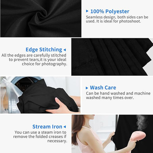 HEMMOTOP Black Backdrop 10x8 ft, Black Photo Backdrops for Photoshoot, Polyester Fabric Background Curtain Screen Seamless for Party, Photos, Photography, Birthday, Wedding (Backdrop only)