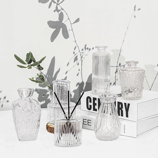 6Pcs Glass Bud Vase Set,Small Flower Vase for Tables Centerpieces Decor, Mini Vintage Clear Vase for Home,Wedding,Party Decorations(6 Pcs,Clear)
