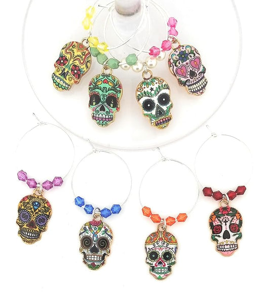 Cinco De Mayo Skull Wine Charms - Day Of The Dead Sugar Skull Glass Identifier Tags - Halloween Glass Markers - Party Table Setting Supplies - 8 Wine Charms/pack