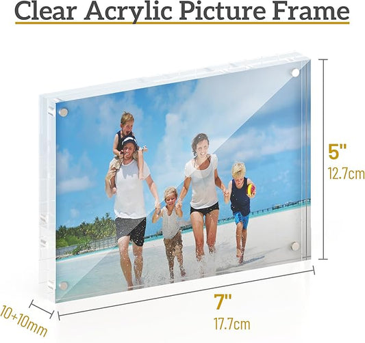 5x7 Acrylic Picture Frame 5 Pack, 20mm Thick Magnetic Double Sided Display 20% Thicker- Frameless Clear Transparent Photo Frame for Desktop/Tabletop, Self Standing with Microfiber Cloth