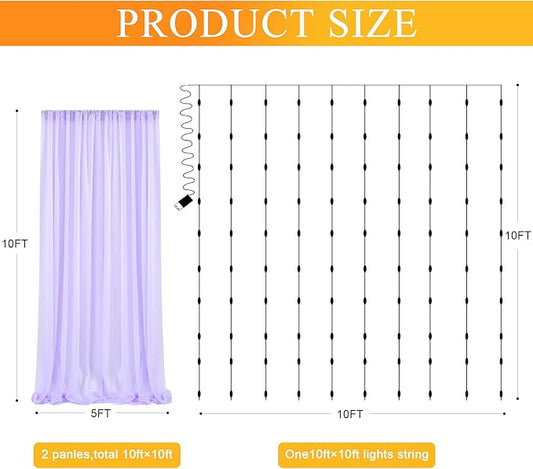 Fomcet Lavender Tulle Backdrop Curtains with Lights String 10FT X 10FT Sheer Curtain with Lights Tulle Curtains Backdrop for Wedding Birthday Party Photo Shoot (2 Panels 5x10FT)
