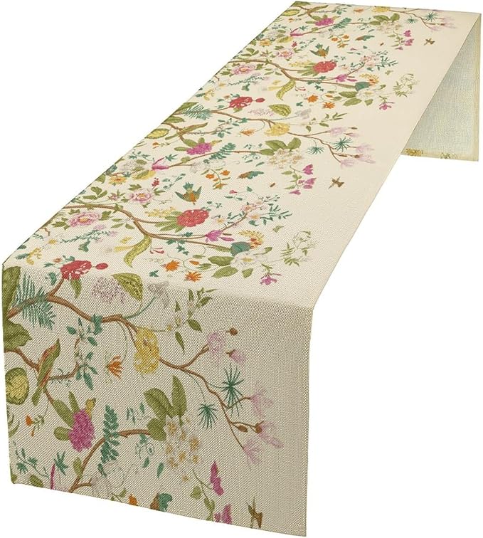 Floral Table Runner, Vintage Birds Wildflowers Herbs Nature Theme Linen Long Table Kitchen Dining Table Holiday Party Decorative Table Runner,13in(33cm) W * 108in(274cm) L