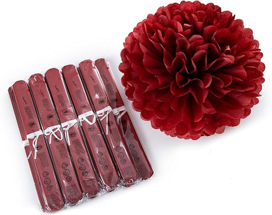 12" Burgundy Tissue Pom Poms DIY Hanging Paper Flower Balls for Bridal Shower Birthday Party Wedding Backdrop Dessert Table Decoration Supplies, Pack of 12