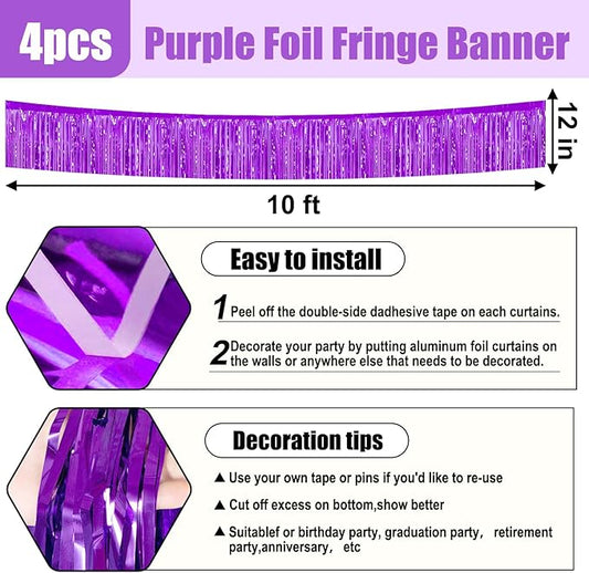 4 Pack 10 Feet Purple Foil Fringe Garland Metallic Tinsel Streamers Banner Wall Hanging Curtain Backdrop for Parade Floats, Wedding, Graduate, Mother's Day, Birthday Party Decoration