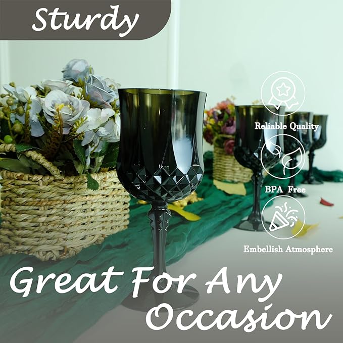 Plastic Wine Glasses,Plastic Goblets Vintage Style Cordial Drinking Glasses for Wedding Reception, Halloween Grand Event Party Supplies (48, Black)