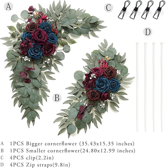 Navy and Burgundy Flower for Wedding Welcome Signs Decorations, Artificial Burgundy Wedding Arch Flowers for Wedding Ceremony (Set of 2)